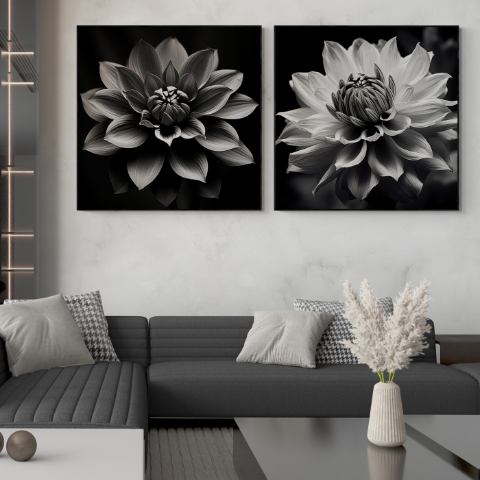 Tablou canvas, modern, cu Floare de Lotus in nuante de alb negru, pentru living [1]
