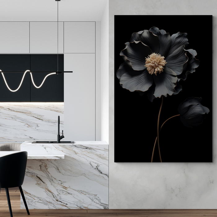 Tablou canvas, modern,  cu floare neagra pe fundal negru negru, pentru hotel [1]