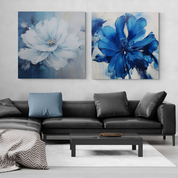 Tablou canvas, modern, cu floare pictata in stil abstract, nuante de alb, albastru, pentru living [1]