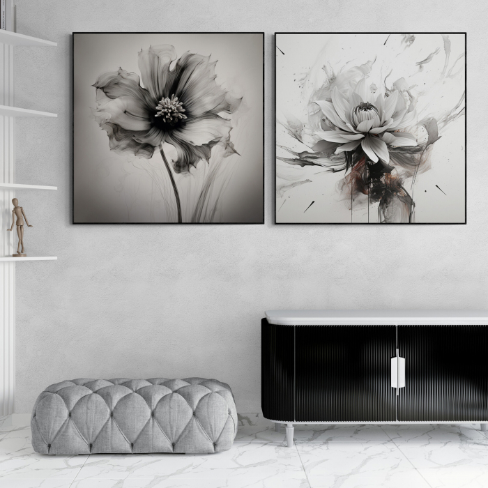 Tablou canvas, modern, cu floare pictata in stil abstract, nuante de alb negru, pentru birou [1]