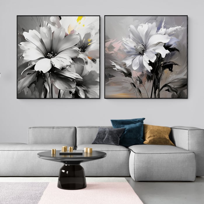Tablou canvas, modern, cu floare pictata in stil abstract, nuante de alb negru, pentru hotel [2]