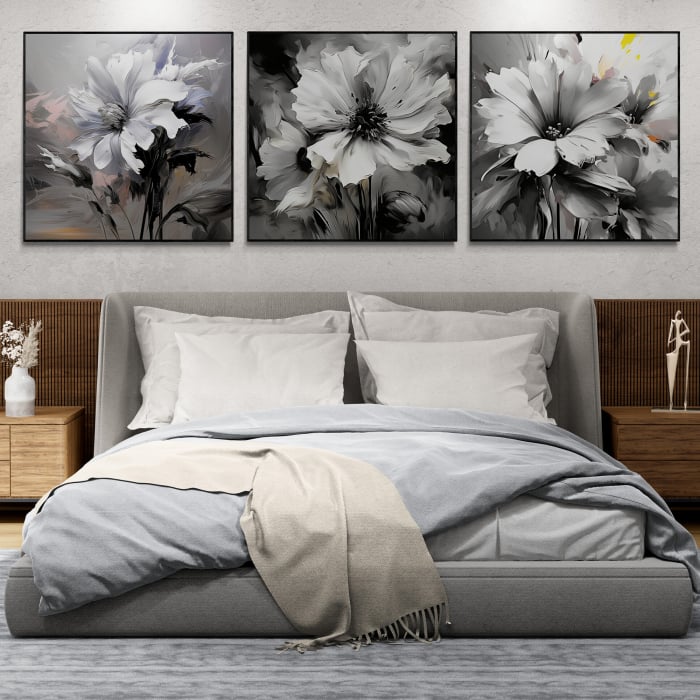 Tablou canvas, modern, cu floare pictata in stil abstract, nuante de alb negru, pentru hotel [1]