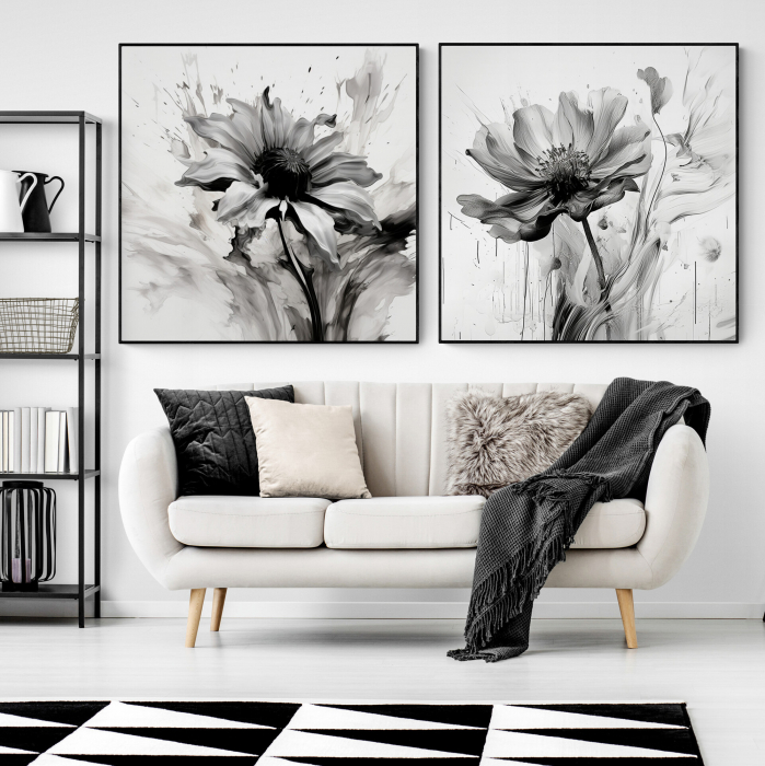Tablou canvas, modern, cu floare pictata in stil abstract, nuante de alb negru, pentru living [1]
