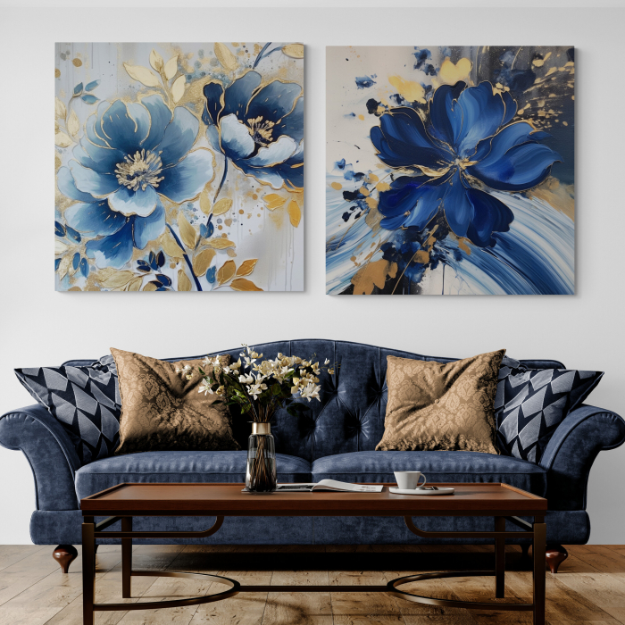 Tablou canvas, modern, cu floare pictata in stil abstract, nuante de albastru, auriu, pentru hotel [1]