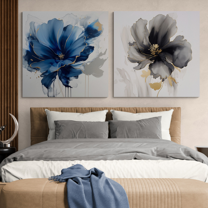 Tablou canvas, modern, cu floare pictata in stil abstract, nuante de albastru, gri, pentru hotel [1]