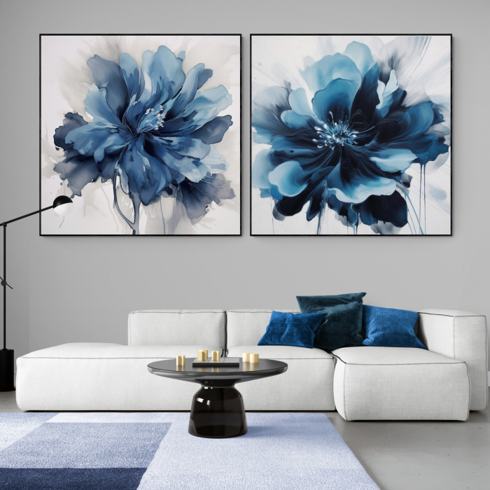 Tablou canvas, modern, cu floare pictata in stil abstract, nuante de albastru, pentru living [1]