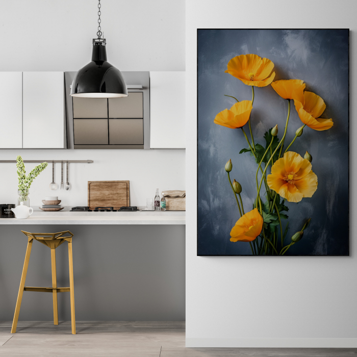 Tablou canvas, modern, cu flori de mac galbene, pe fundal gri, pentru hol [1]