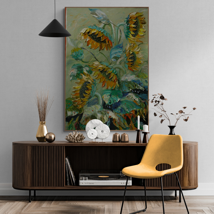 Tablou canvas, modern, cu Floarea soarelui in stil pictaura, pentru hotel [1]
