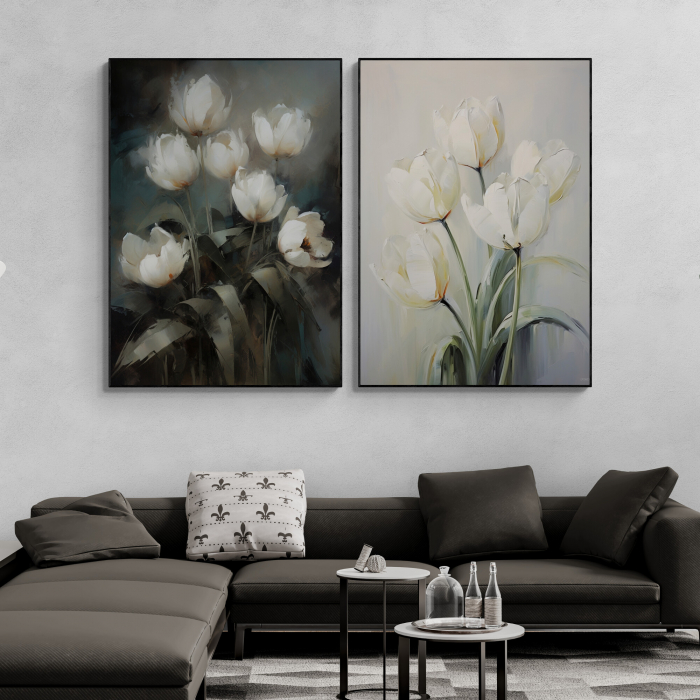 Tablou canvas, modern, cu floari, Lalele albe in stil abstract, pe fundal gri, pentru living [1]