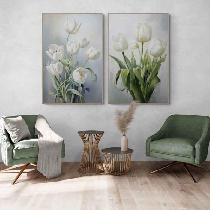 Tablou canvas, modern, cu floari, Lalele albe in stil abstract, pe fundal gri, pentru receptie [1]