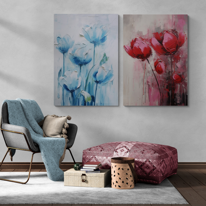 Tablou canvas, modern, cu floari, Lalele in stil abstract, nuante de albastru, rosu, pentru hol [1]