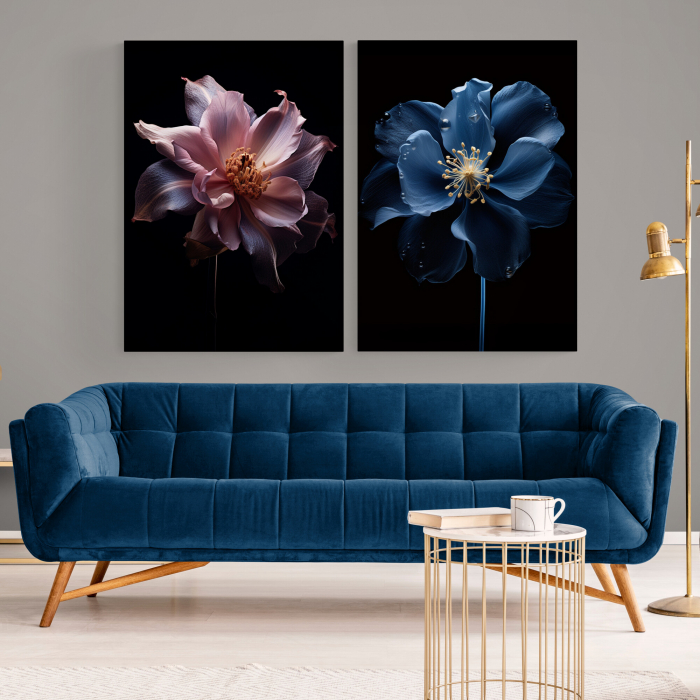 Tablou canvas, modern, cu floari nuante de albastru, mov, pentru living [1]