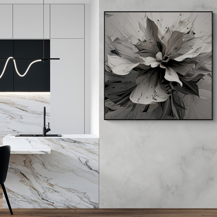 Tablou canvas, modern, cu floare pictata in stil abstract, nuante de alb negru, pentru bucatarie [1]