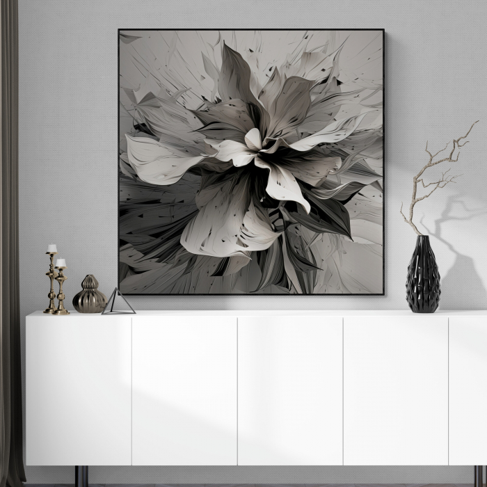 Tablou canvas, modern, cu floare pictata in stil abstract, nuante de alb negru, pentru bucatarie [2]