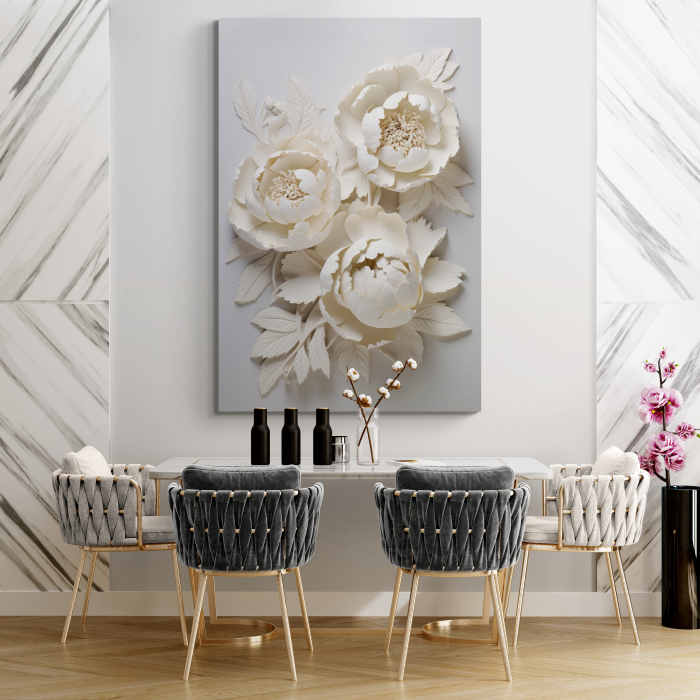 Tablou canvas, modern, cu flori, 3D, nuante de alb, crem, pentru hol, living [4]