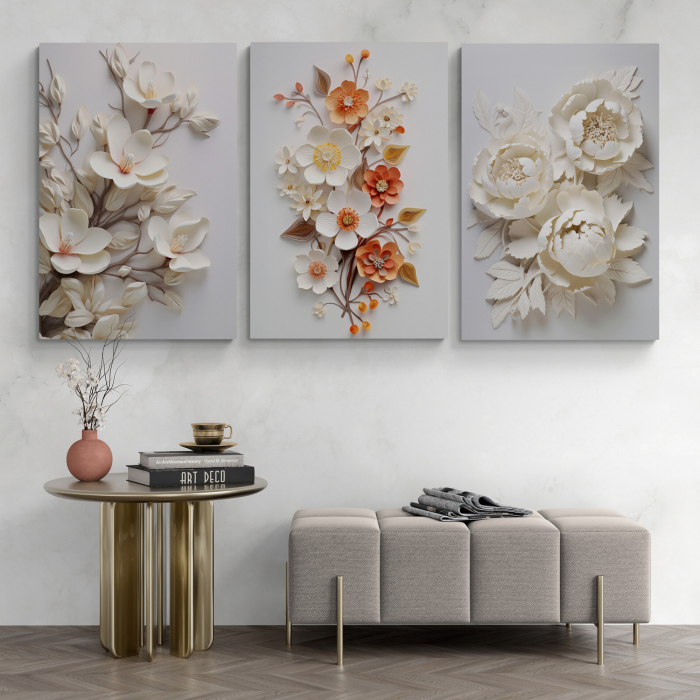 Tablou canvas, modern, cu flori, 3D, nuante de alb, crem, pentru hol, living [1]