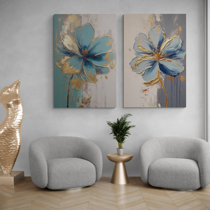 Tablou canvas, modern, cu flori albastre, in stil pictat, nuante de auriu, albastru, pentru restaurant [2]
