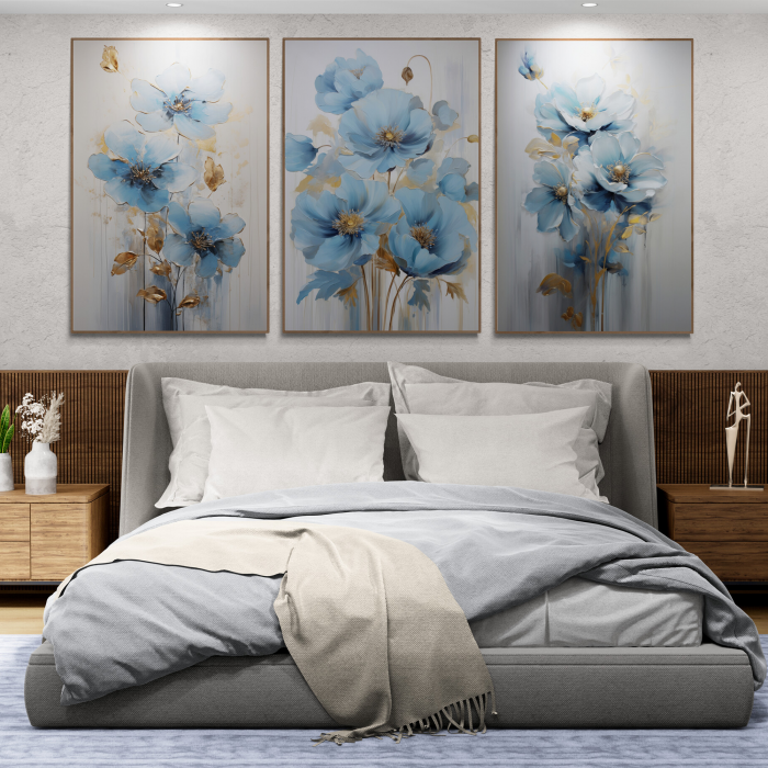 Tablou canvas, modern, cu flori albastre, in stil pictat, nuante de gri, auriu, pentru hotel [1]