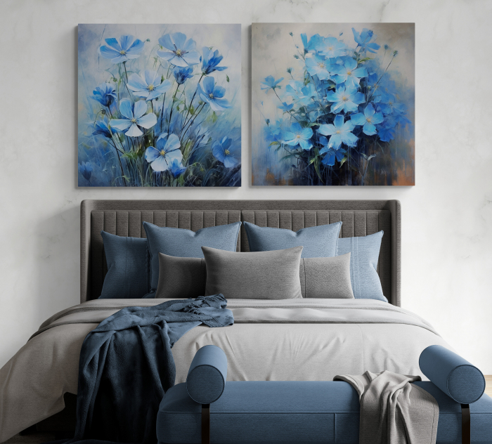 Tablou canvas, modern, cu flori albastre pictate in stil abstract, pe fundal gri, pentru dormitor [1]