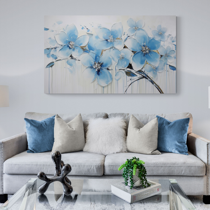 Tablou canvas, modern, cu flori albastre pictate pe fundal gri, pentru hotel [1]