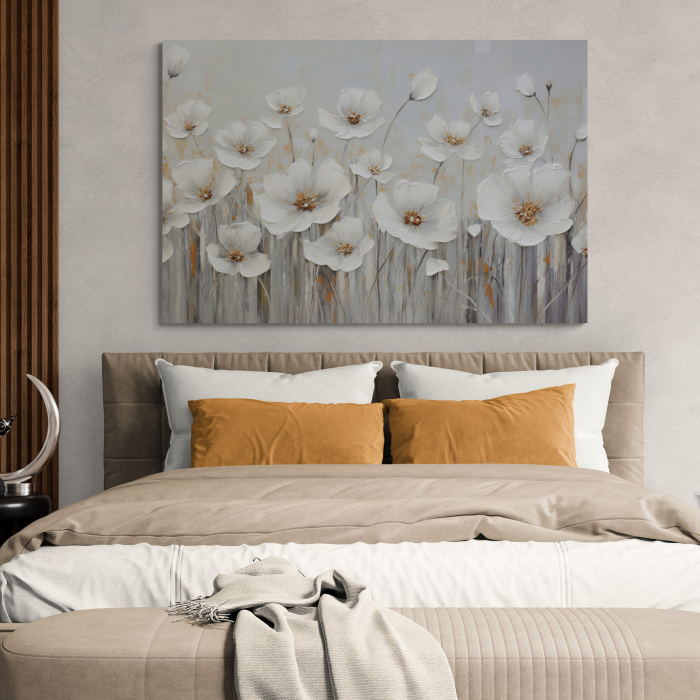 Tablou canvas, modern, cu flori albe de camp, pictate pe fundal gri, pentru hotel [1]