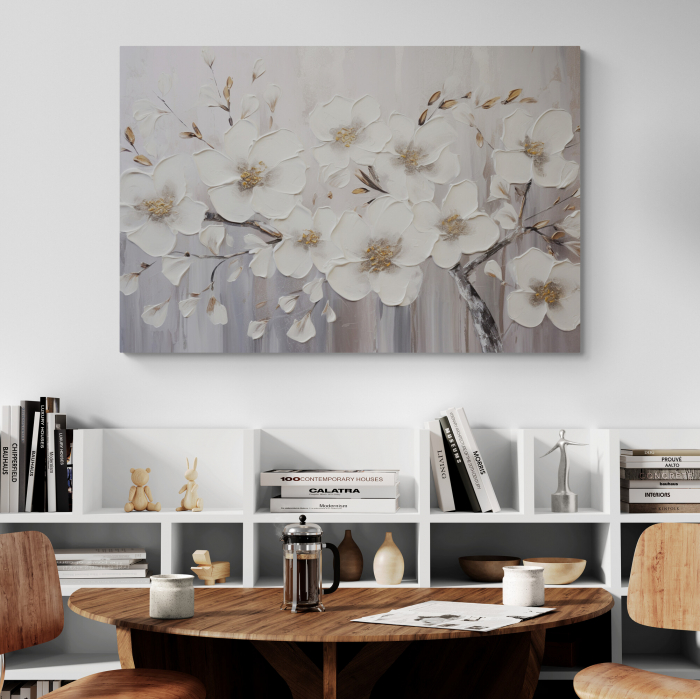 Tablou canvas, modern, cu flori albe de cires pictate pe fundal gri, pentru sufragerie [1]