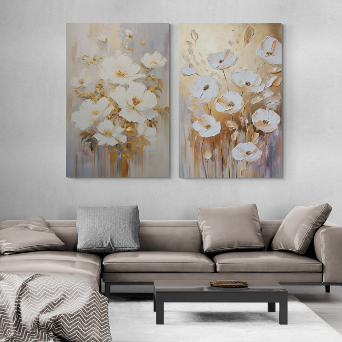 Tablou canvas, modern, cu flori albe, in stil abstract, nuante de gri, auriu, pentru living [1]