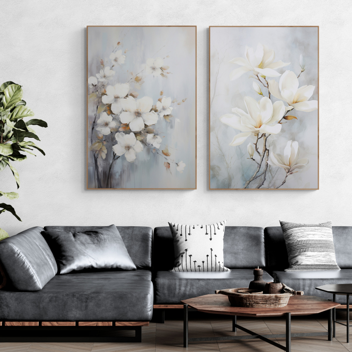 Tablou canvas, modern, cu flori albe, in stil abstract, nuante gri, pentru living [1]