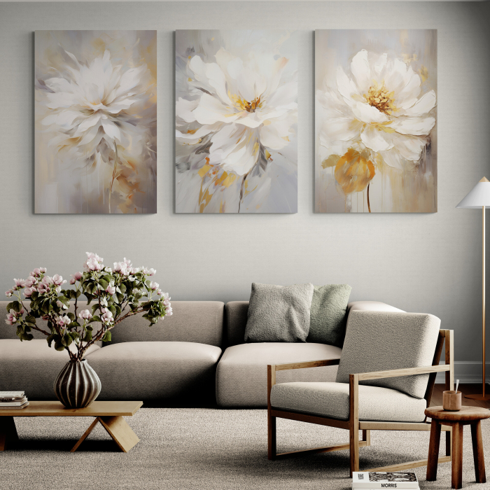 Tablou canvas, modern, cu flori albe, in stil pictat, nuante de auriu, crem pentru living [1]