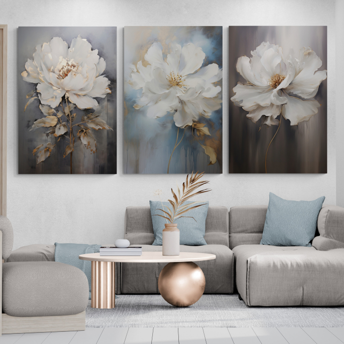 Tablou canvas, modern, cu flori albe, in stil pictat, nuante de gri, auriu, albastru, pentru hotel [1]