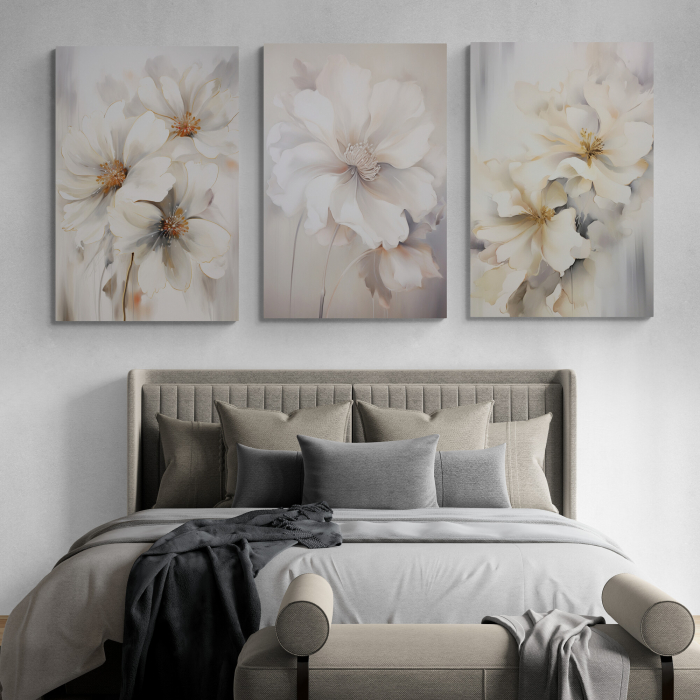 Tablou canvas, modern, cu flori albe, in stil pictat, nuante de gri, crem, pentru hotel [1]