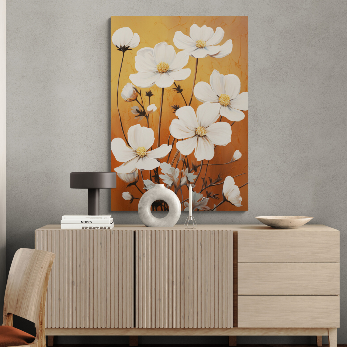 Tablou canvas, modern, cu flori albe, pe fundal portocaliu, pentru hol [1]