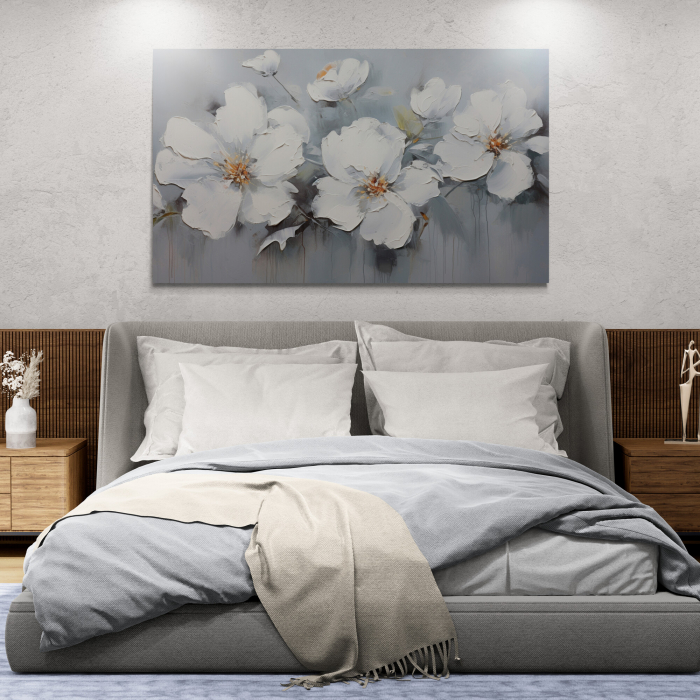 Tablou canvas, modern, cu flori albe, pictat in stil abstract, pe fundal gri, pentru hotel [1]