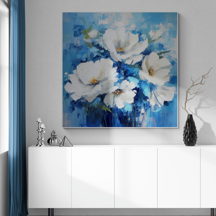 Tablou canvas, modern, cu flori albe pictate in stil abstract, pe fundal albastru, pentru dormitor [1]