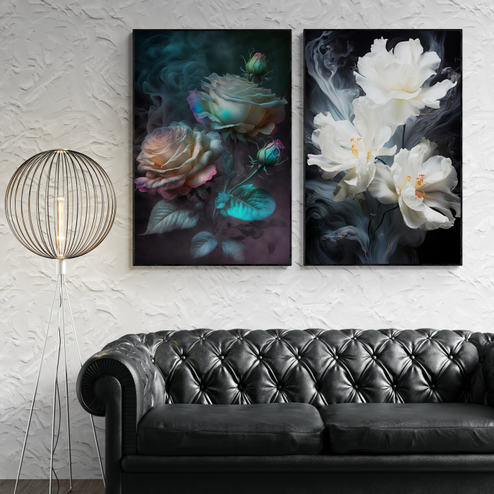 Tablou canvas, modern, cu flori albe, Trandafiri, pe fundal negru, pentru hol [1]