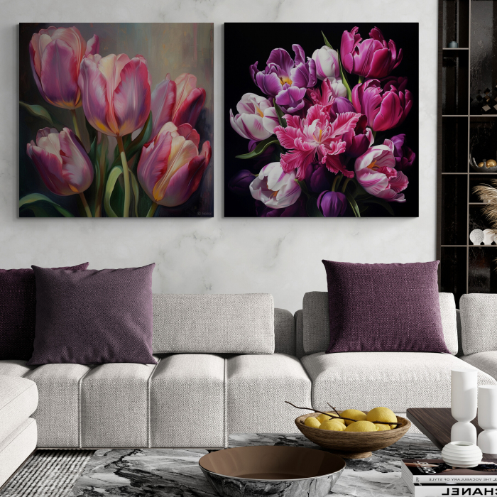 Tablou canvas, modern, cu flori, buchet de Lalele in nuante de roz, mov, pentru living [1]
