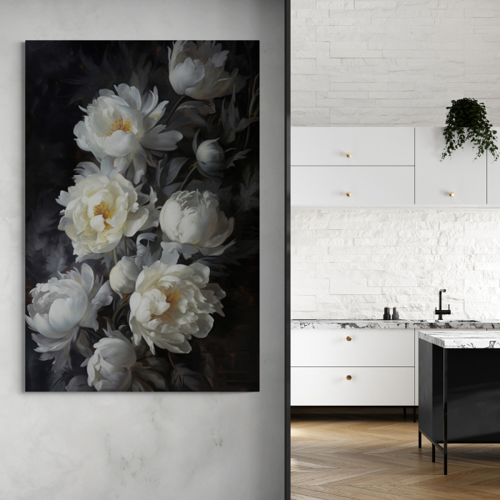 Tablou canvas, modern, cu flori, Bujori albi, in stil pictat, pe fundal gri, pentru bucatarie [1]