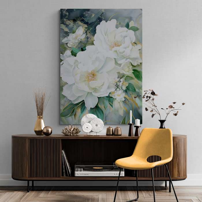 Tablou canvas, modern, cu flori, Bujori albi, nuante de verde, auriu, pentru hol [1]