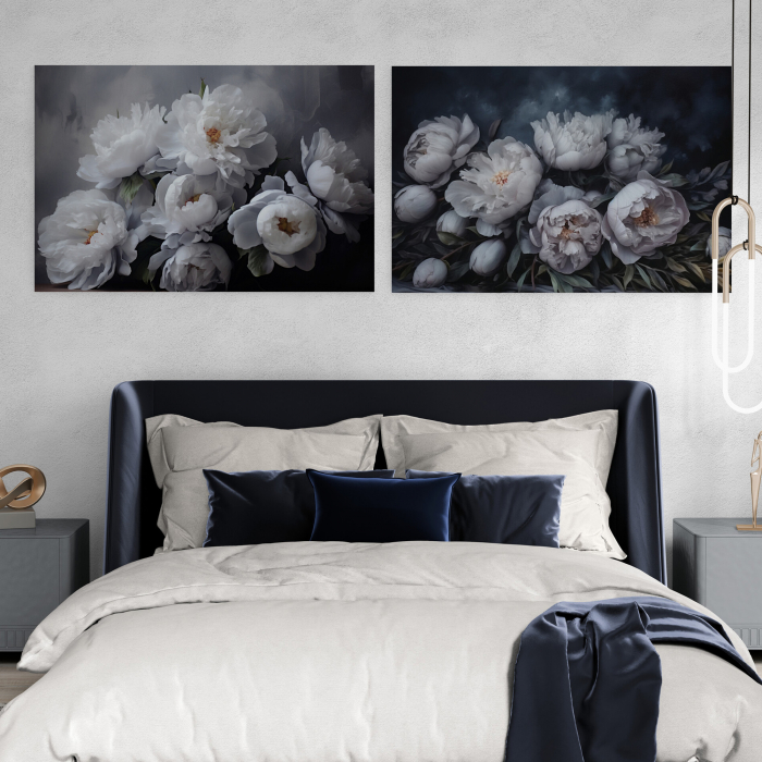 Tablou canvas, modern, cu flori, Bujori albi, pictat in stil abstract, pentru dormitor [1]