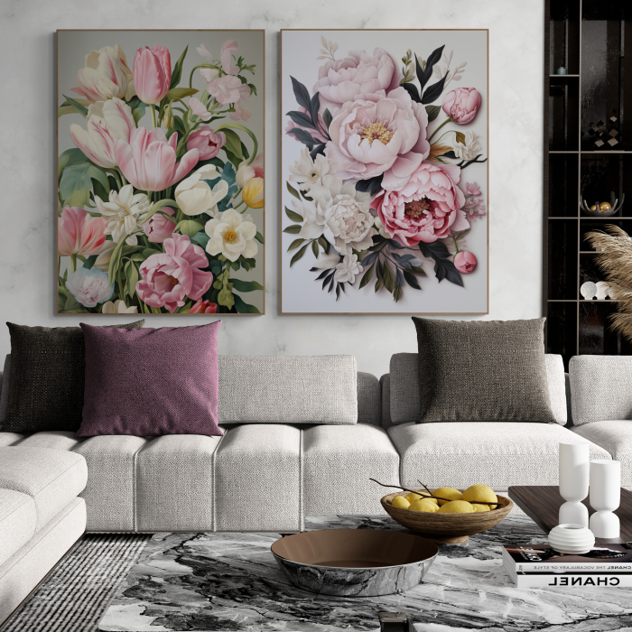 Tablou canvas, modern, cu flori , Bujori, Lalele s in stil ilustratie, pentru hol [2]
