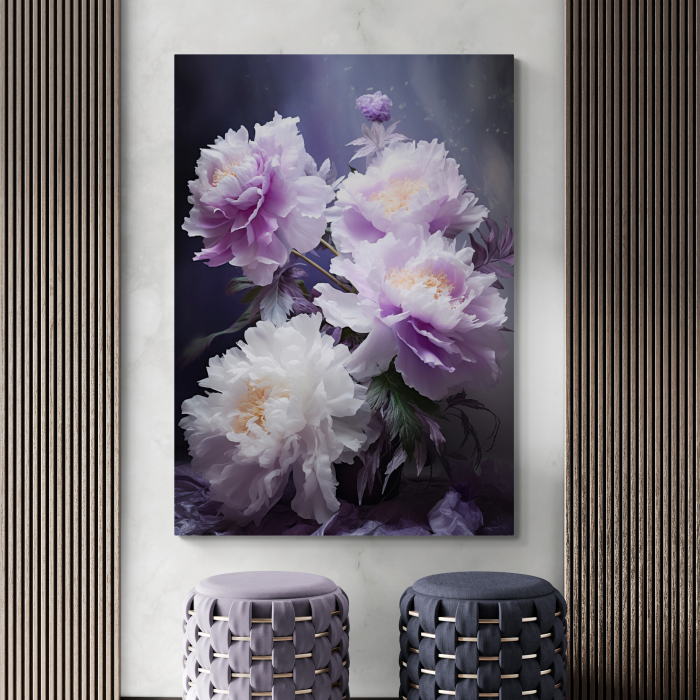 Tablou canvas, modern, cu flori, Bujori lila, fundal gri, pentru hol [1]