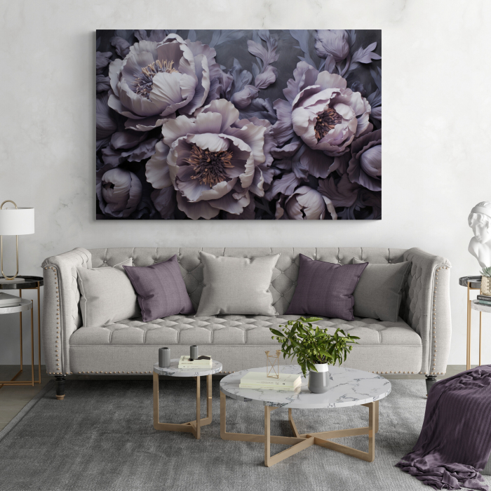Tablou canvas, modern, cu flori, Bujori mov pe fundal gri, pentru hol [1]