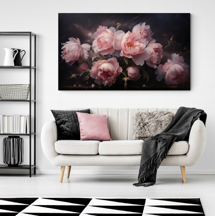 Tablou canvas, modern, cu flori, Bujori roz, fundal negru, pentru living [1]