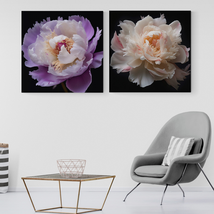 Tablou canvas, modern, cu Flori, Bujori roz, lila, pe fundal negru, pentru hotel [1]