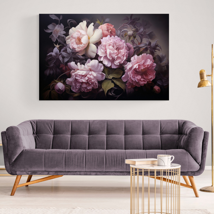 Tablou canvas, modern, cu flori, Bujori roz, pe fundal gri, pentru living [1]