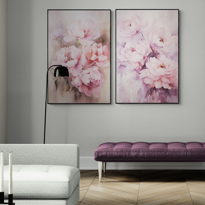 Tablou canvas, modern, cu flori, Bujori roz, pictat in stil abstract, pentru hotel [1]
