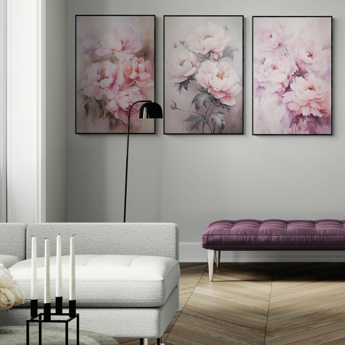 Tablou canvas, modern, cu flori, Bujori roz, pictat in stil abstract, pentru hotel [2]