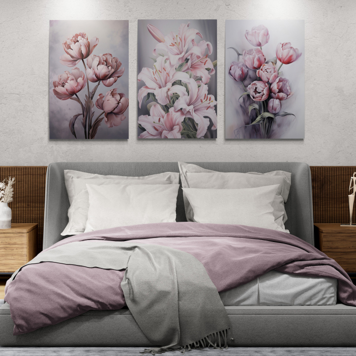 Tablou canvas, modern, cu flori, Crini, Lalele roz, pe fundal gri, pentru hotel [1]