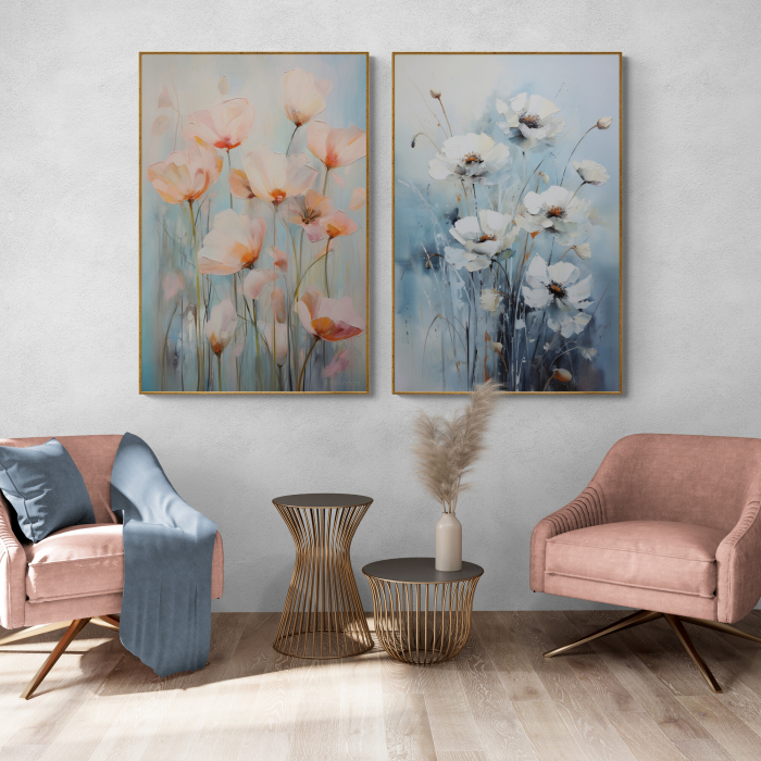 Tablou canvas, modern, cu flori de camp, in stil abstract, nuante de roz, gri, pentru hol [2]