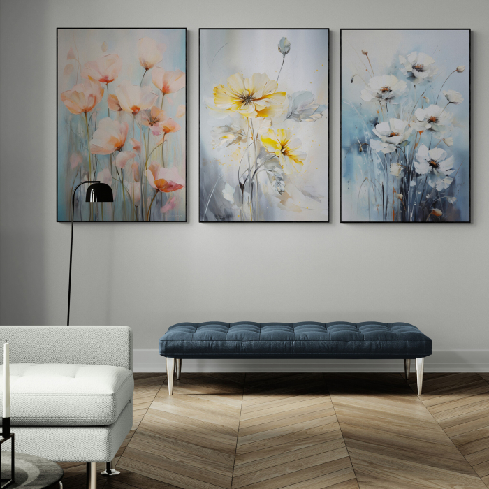 Tablou canvas, modern, cu flori de camp, in stil abstract, nuante de roz, gri, pentru hol [1]